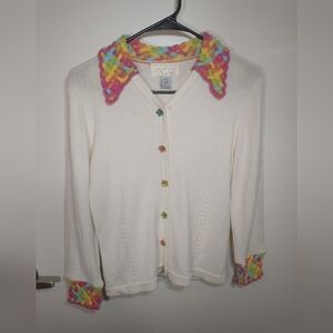 vintage 90s Cache ,off white ,multicolor braided cardigan with crystal Butten